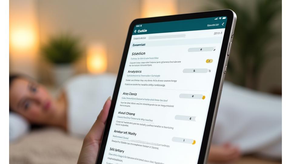Digitales Interface, das Cookie-Einstellungen mit Toggles und Optionen zeigt, auf einem modernen Tablet-Bildschirm