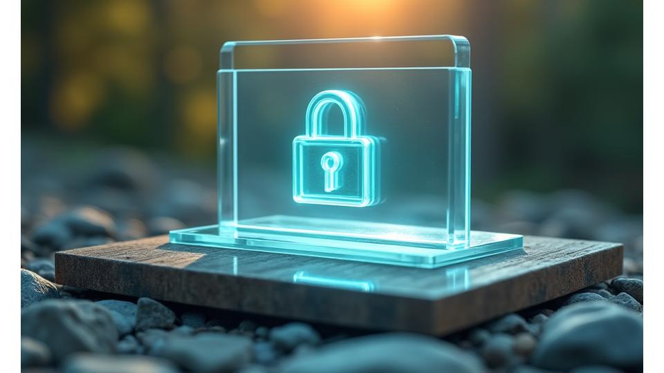 Symbolische Darstellung von Datenschutz: ein Schild vor einem Laptop mit einem Schloss-Icon, umgeben von sanften, natürlichen Elementen