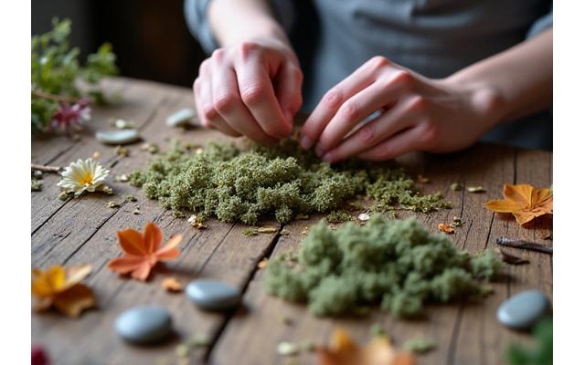 Natürliche Materialien wie Blumen, Blätter und Holzperlen werden in einem Kunstworkshop verwendet