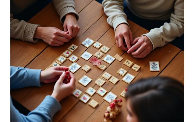 Eine Gruppe von Freunden lacht und spielt gemeinsam ein traditionelles Brettspiel