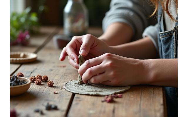 Hände, die mit natürlichen Materialien wie Ton und Holz basteln, in einem hellen, künstlerischen Atelier