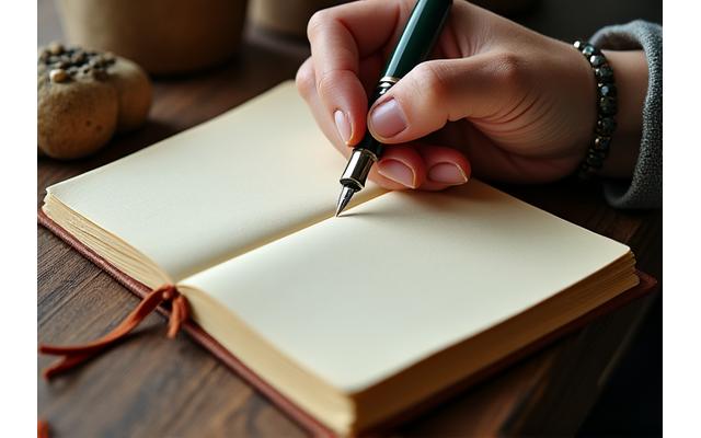 Nahaufnahme von Händen, die in ein Notizbuch mit einem Füllfederhalter schreiben