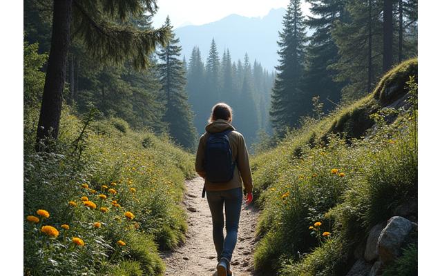 Eine Person, die achtsam durch einen alpinen Wald wandert und dabei die Natur um sich herum betrachtet