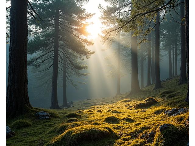 Eine ruhige Waldlichtung mit sanftem, durch Bäume fallendem Licht, symbolisiert digitale Entgiftung und Naturverbindung