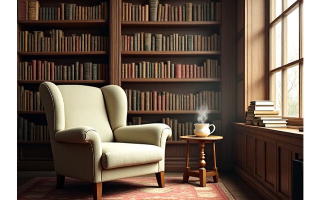 Eine gemütliche Bibliothek mit bequemen Sesseln, Holzregalen voller Bücher und warmem Licht