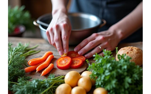 Hände bereiten frische, regionale Zutaten für ein Slow-Cooking-Gericht zu