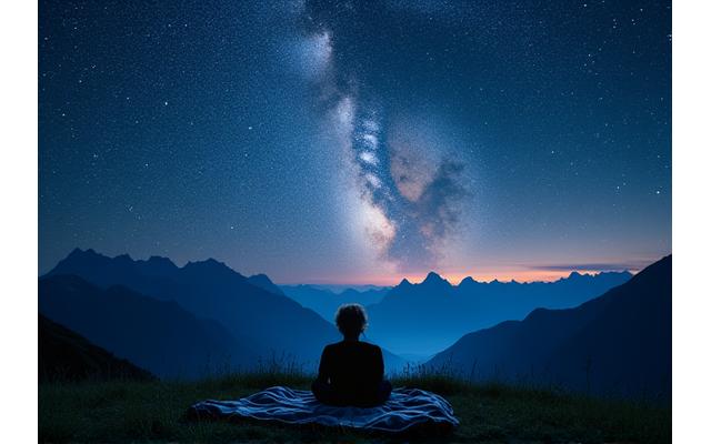 Eine Person liegt unter einem klaren Sternenhimmel in den Alpen und beobachtet die Sterne