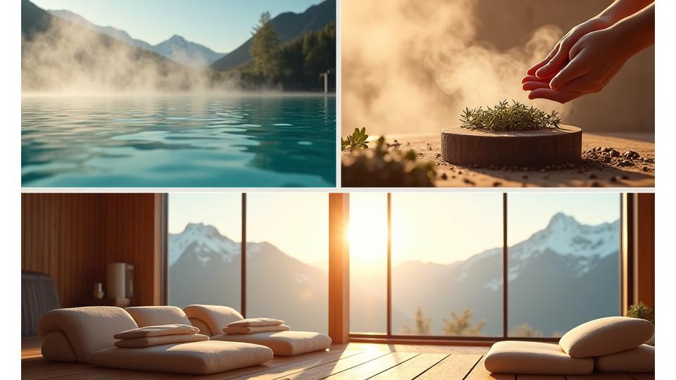 Montage von Spa-Momenten: Dampf im Thermalbad, Kräuter im Aufguss, Bergblick aus Ruheraum