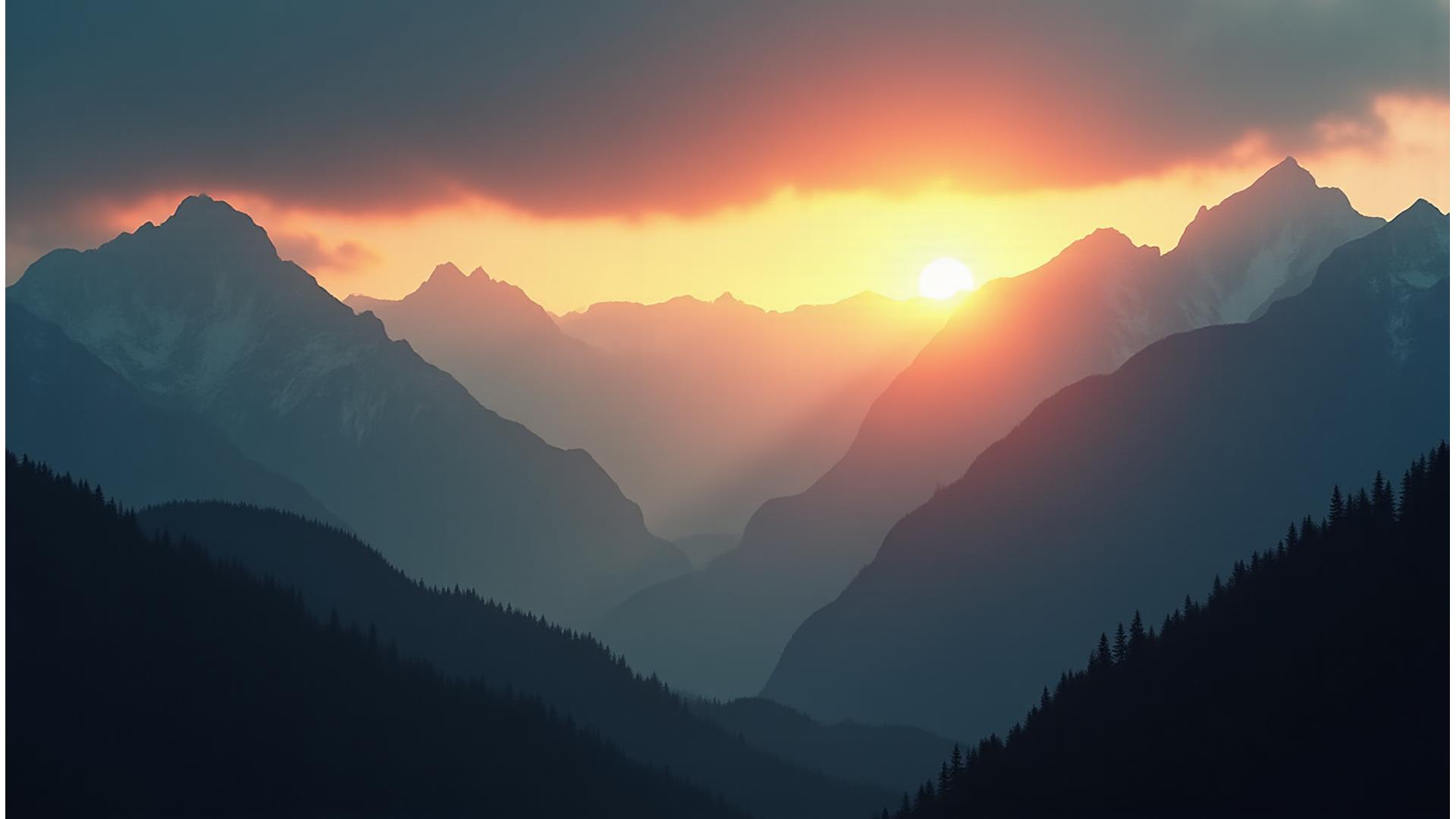 Majestätische Schweizer Alpen bei Sonnenuntergang, die eine Aura der Ruhe vermitteln.