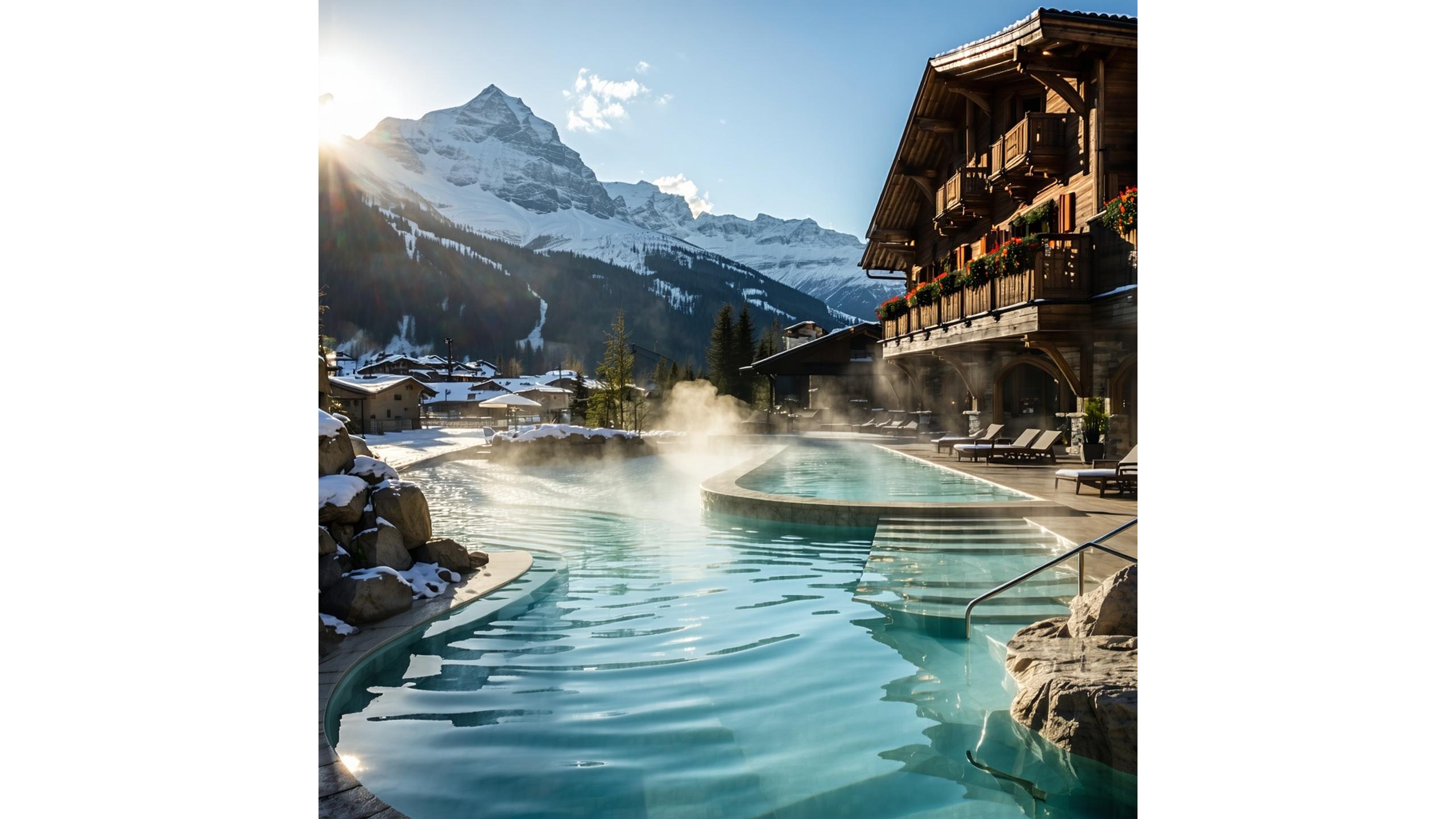 Atemberaubendes Panorama der Pontresiner Bergwelt im goldenen Morgenlicht, sanfter Dampf steigt aus einem Thermalbad auf.