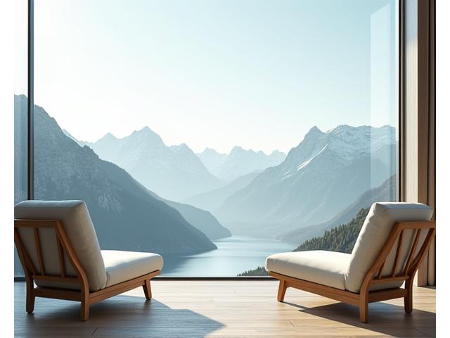 Luxuriöser Entspannungsraum mit bequemen Liegen und Bergblick