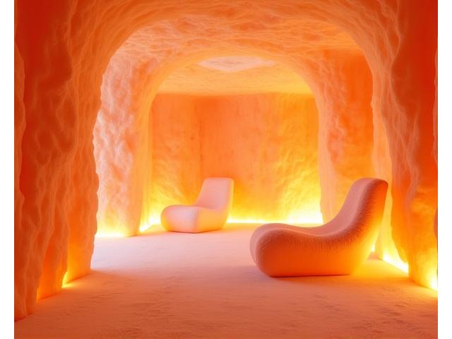 Eine beruhigende Salzgrotte mit sanfter Beleuchtung und Kristallen