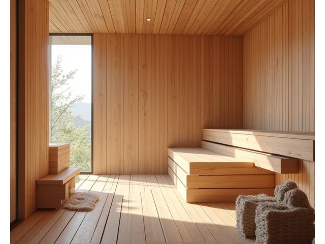 Eine moderne, helle Sauna mit Holzinterieur