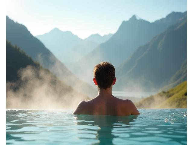 Thermalbad mit Bergblick und aufsteigendem Dampf