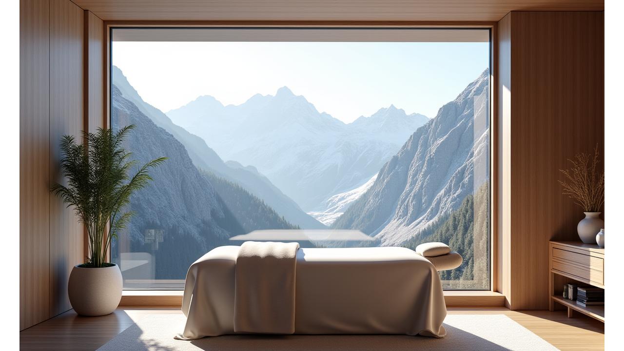 Beruhigender Massageraum mit Panoramaaussicht auf die Alpen