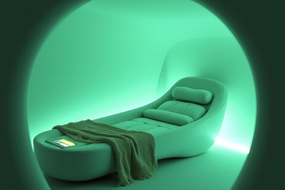 Innenansicht eines luxuriösen privaten Relaxations-Pods mit Ambientebeleuchtung