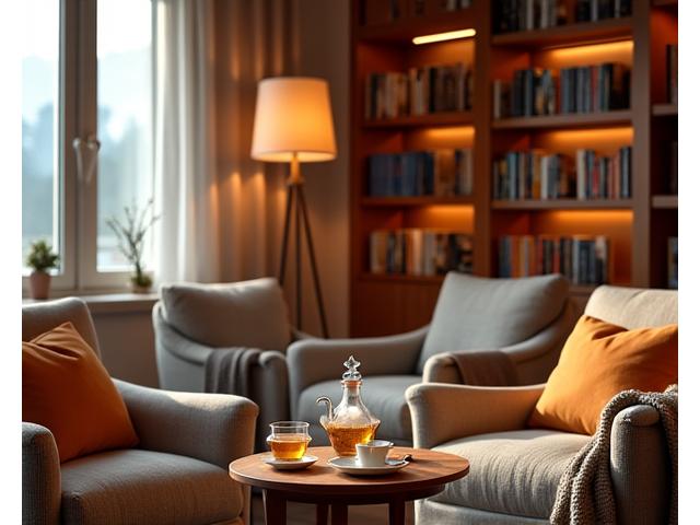 Gemütlicher Reading & Tea Corner mit Bücherregalen und Sesseln