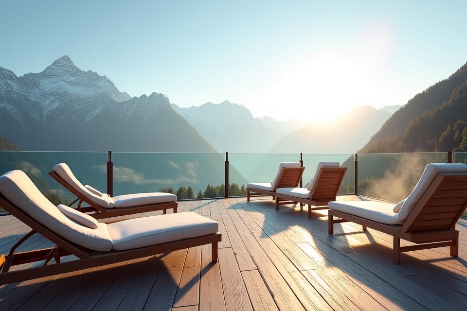 Außen-Relaxation-Bereich mit Panoramablick auf die Schweizer Alpen bei Sonnenuntergang