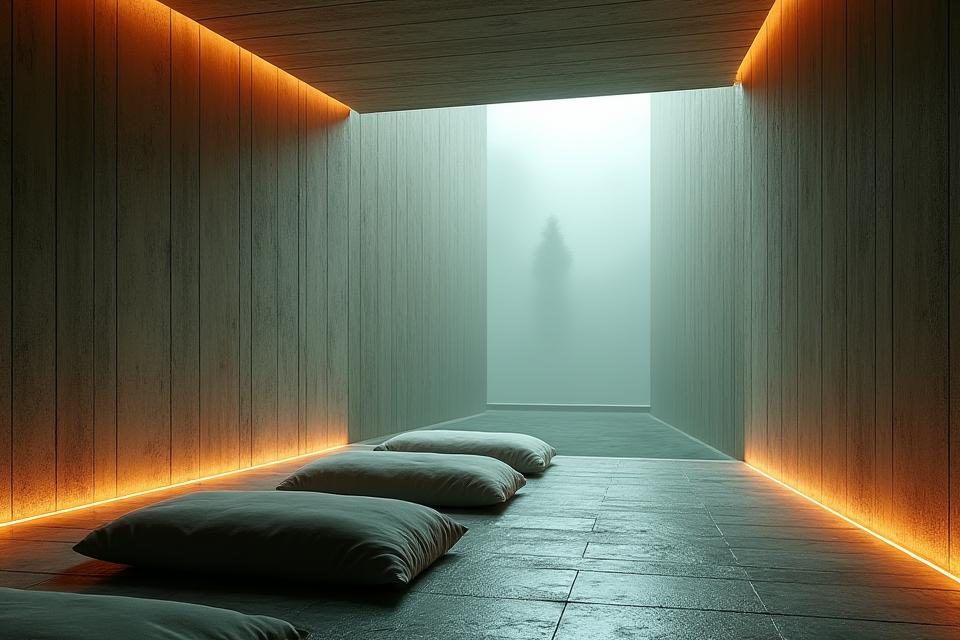 Innenansicht des Alpine Silence Sanctuary mit gedämpftem Licht und Meditationskissen