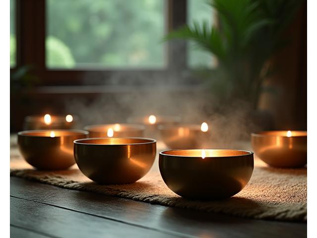 Klangschalen bei einer Sound-Bath-Session mit beruhigendem Licht