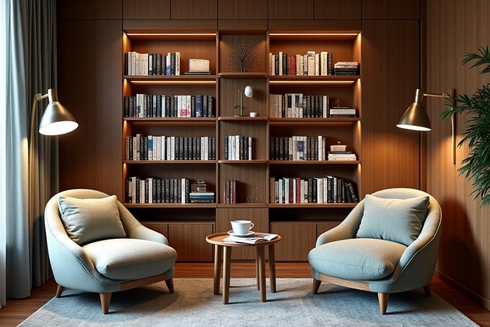 Moderne Wellness-Bibliothek mit bequemen Sesseln und einer Tee-Station
