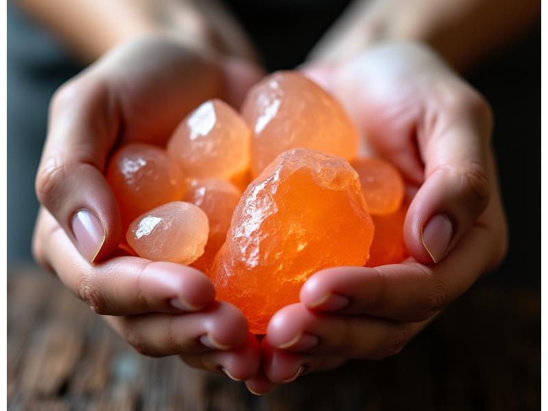 Handvoll leuchtend orangefarbener Himalaya-Salzkristalle auf Holzgrund