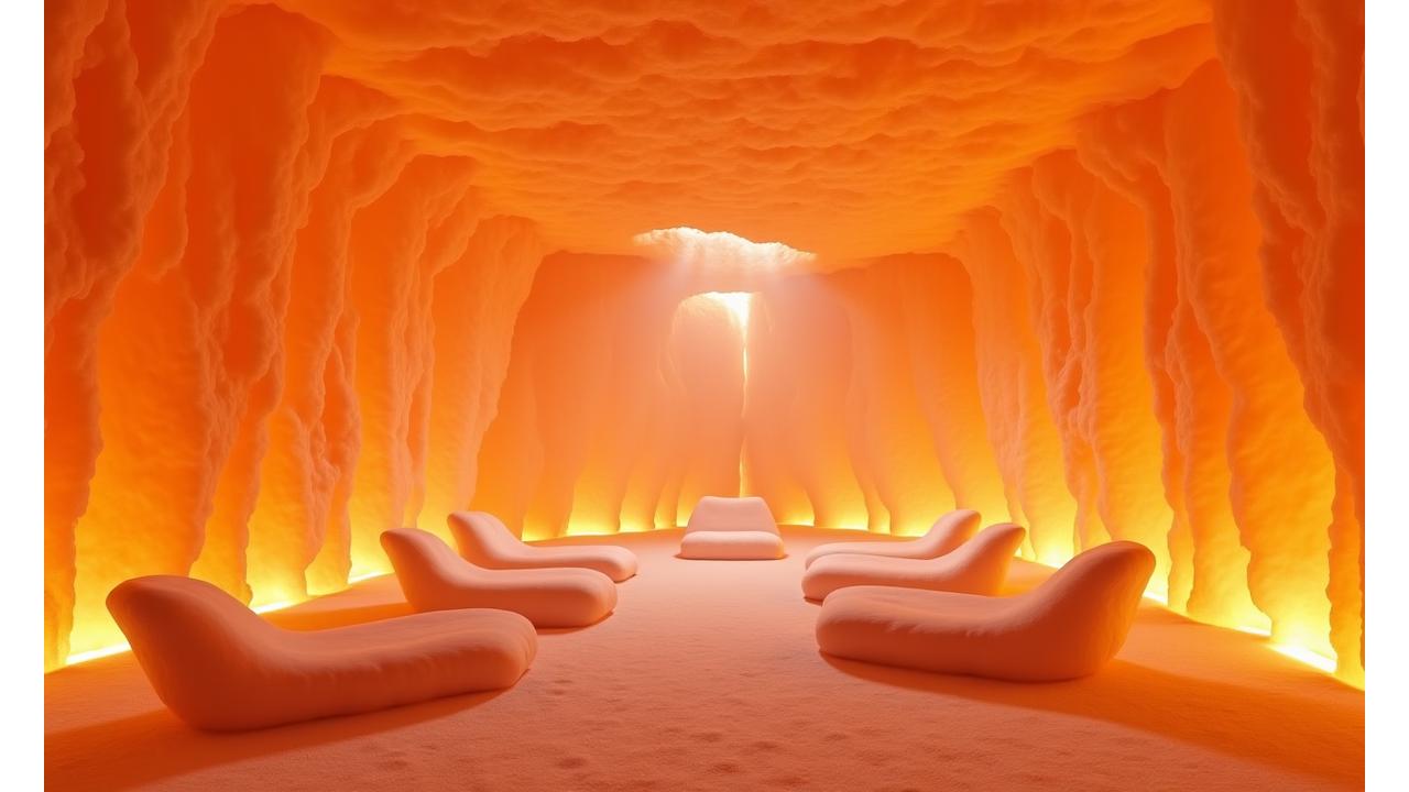 Mystische Salzgrotte mit warm leuchtenden Salzkristallen und bequemen Liegen