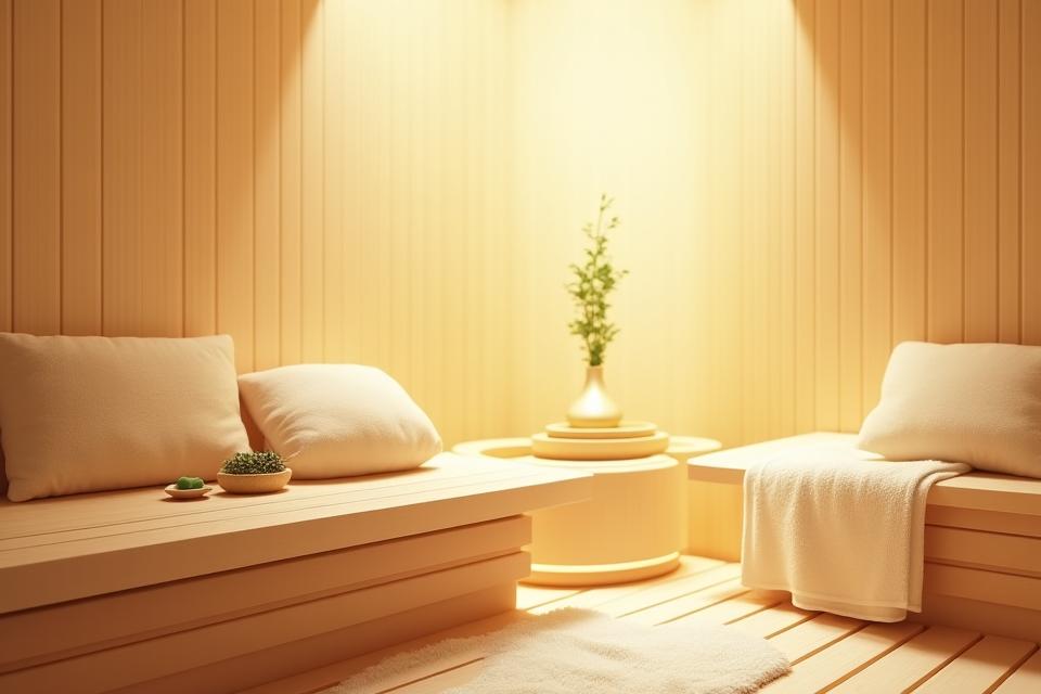 Einladende Innansicht einer Bio-Sauna mit sanfter Farblichtbeleuchtung in Blautönen, bequemen Holzliegen und subtilem Dampf, der die höhere Luftfeuchtigkeit andeutet.