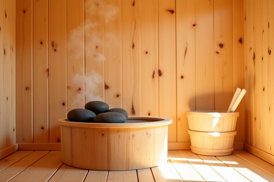 Innenansicht einer traditionellen finnischen Sauna aus hellem Fichtenholz, mit einem Steinhaufen auf einem klassischen Ofen und einem Eimer mit Wasser daneben.