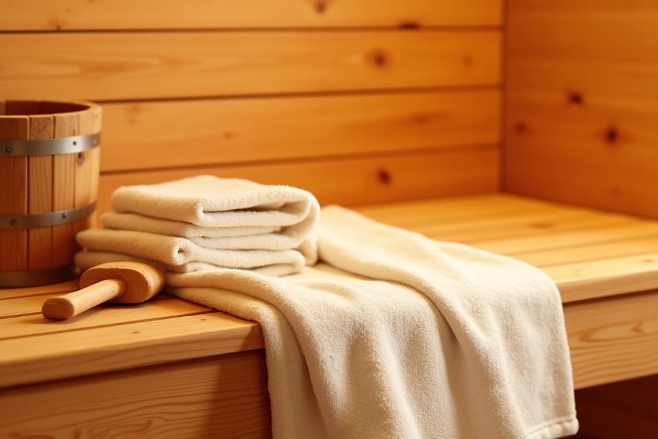 Eine ruhige Szene in einer luxuriösen Sauna, wo eine Person auf einem Handtuch liegt, während ein traditioneller Eimer und eine Schöpfkelle bereitstehen, um die Saunakultur zu repräsentieren.