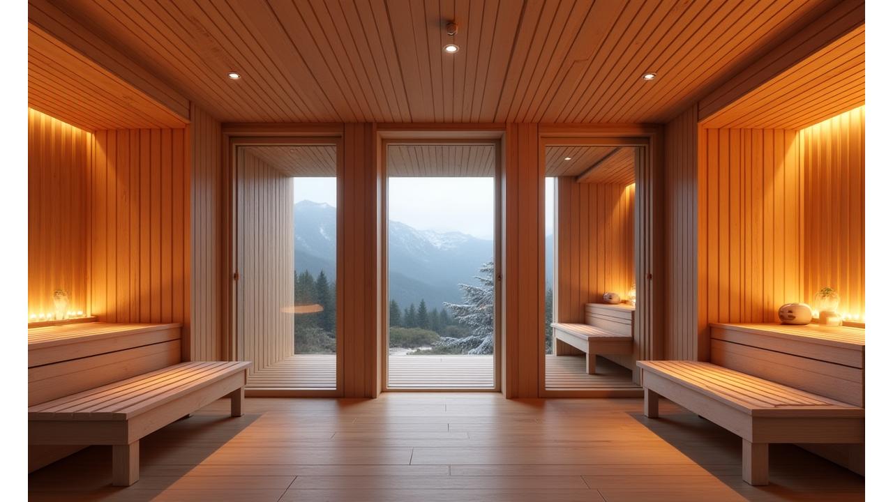 Panoramaansicht von drei einzigartigen Saunabereichen: einer traditionellen finnischen Sauna, einer modernen Infrarot-Kabine und einer einladenden Bio-Sauna, alle in einem luxuriösen alpinen Wellness-Kontext.