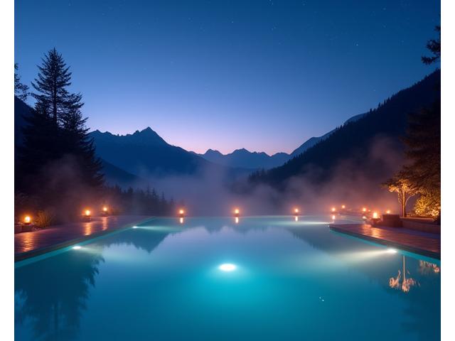 Thermalbecken bei Sonnenuntergang mit indirekter Beleuchtung und beruhigender Atmosphäre.