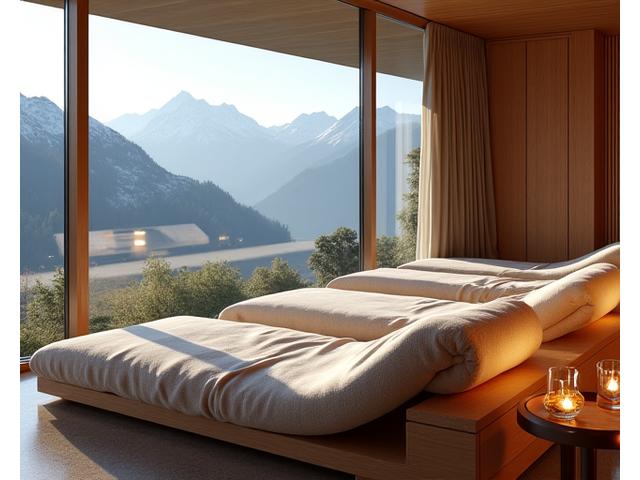 Eine luxuriöse Entspannungslounge mit bequemen Sesseln und Blick auf die Berge.