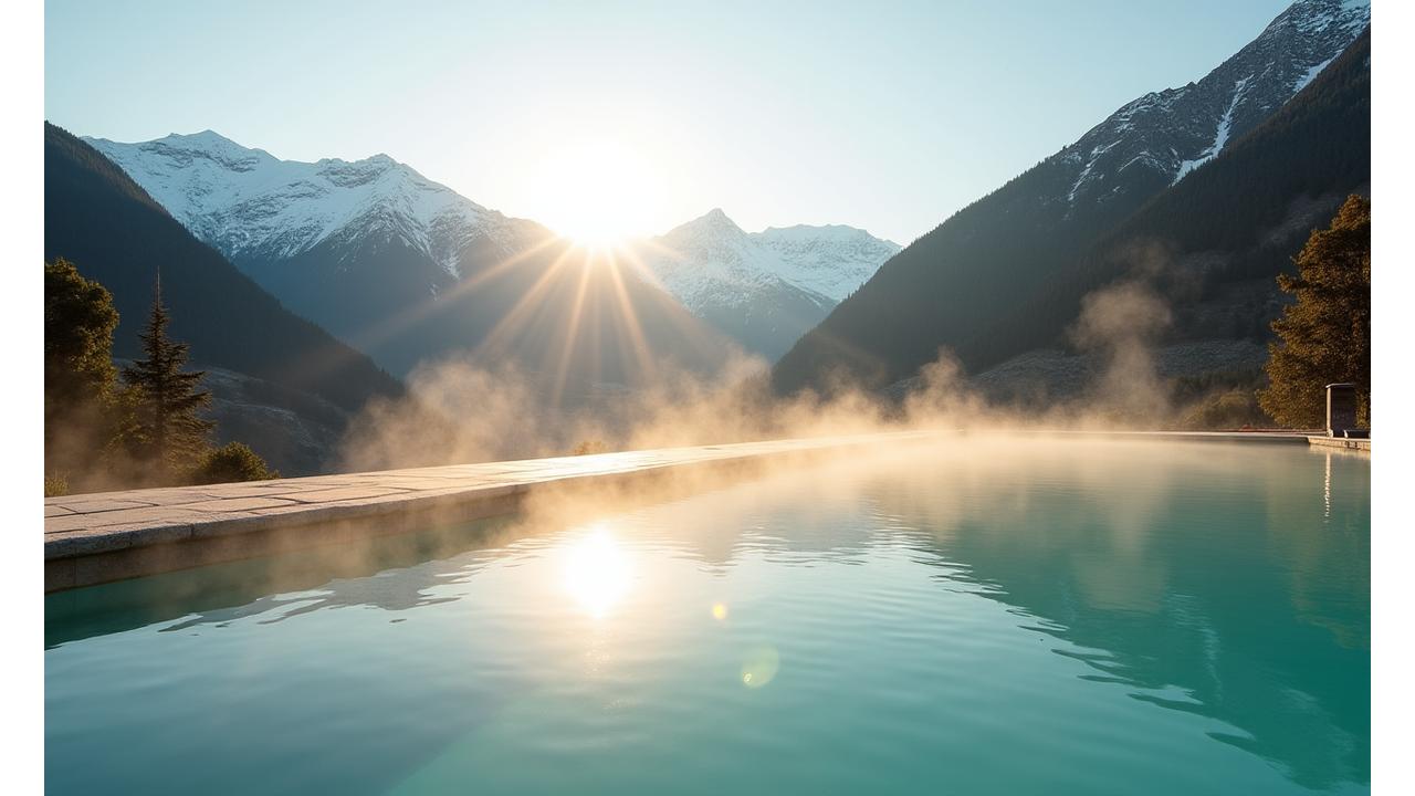 Thermisches Aussenbecken mit dampfendem Wasser und atemberaubender Bergaussicht in Graubünden.