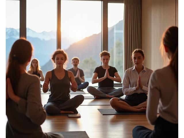 Professionelle Gruppe bei einem Achtsamkeits-Workshop in einem modernen Konferenzraum, hell beleuchtet