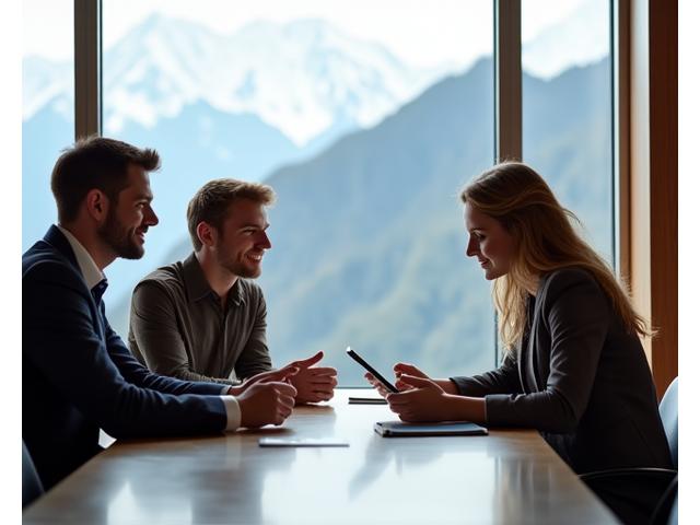 Ein Event-Planer bespricht mit Kunden Konzepte in einem luxuriösen, hellen Büro mit Bergblick