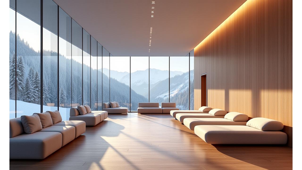 Innenansicht des modernen Alpina Aufguss Wellnessbereichs, luxuriös und grosszügig mit Blick nach draussen